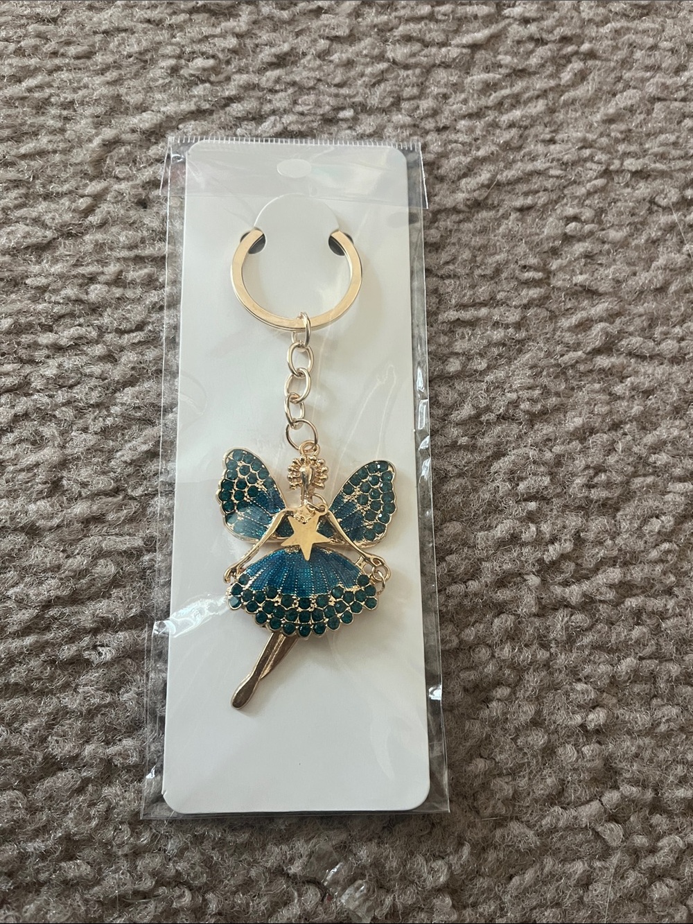 Gold Fairy Keychain with Teal Enamel and Rhinestones